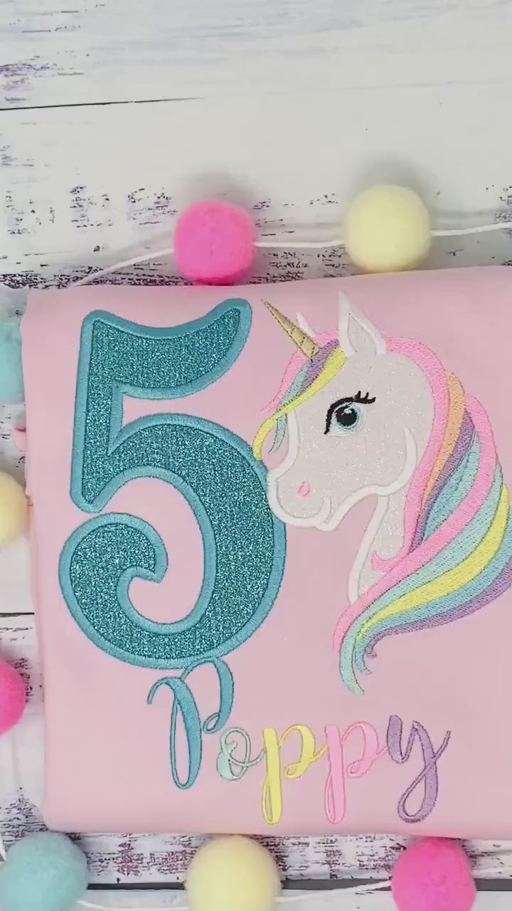 5th Birthday Pastel Unicorn Shirt, Girl Rainbow Pastel Unicorn Birthday, Rainbow Unicorn outfit, Unicorn embroidery, Any age, Turquoise