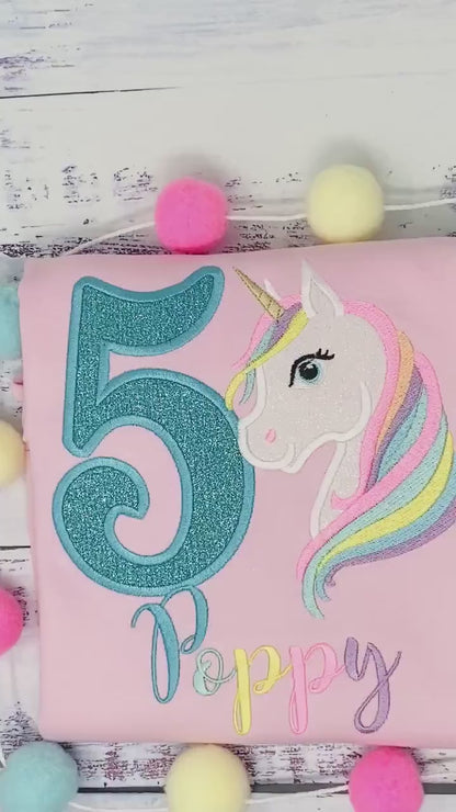 5th Birthday Pastel Unicorn Shirt, Girl Rainbow Pastel Unicorn Birthday, Rainbow Unicorn outfit, Unicorn embroidery, Any age, Turquoise