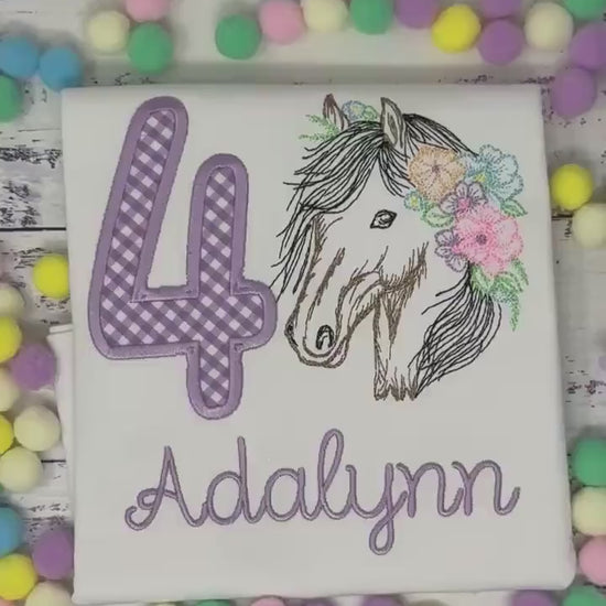 Girl 4th Birthday Shirt With Bay Brown Horse, Birthday Shirt with Gingham Number and Flower mane Horse, Sketch  Embroidered Horse