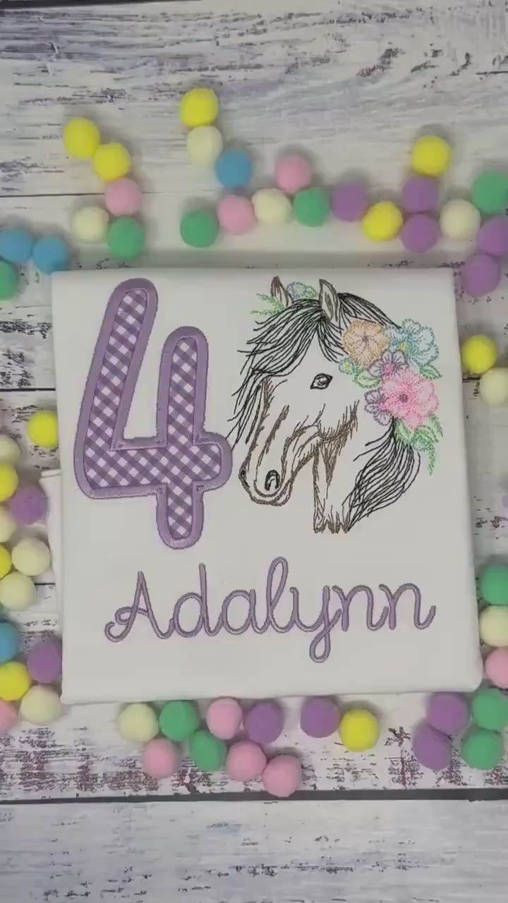 Girl 4th Birthday Shirt With Bay Brown Horse, Birthday Shirt with Gingham Number and Flower mane Horse, Sketch  Embroidered Horse