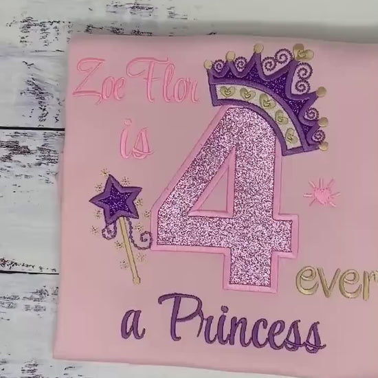Girl 4th birthday shirt with princess Purple Gold Tiara Heart number, Royal Crown, Pink Number Applique, Magic Wand, 4-ever a Princesse