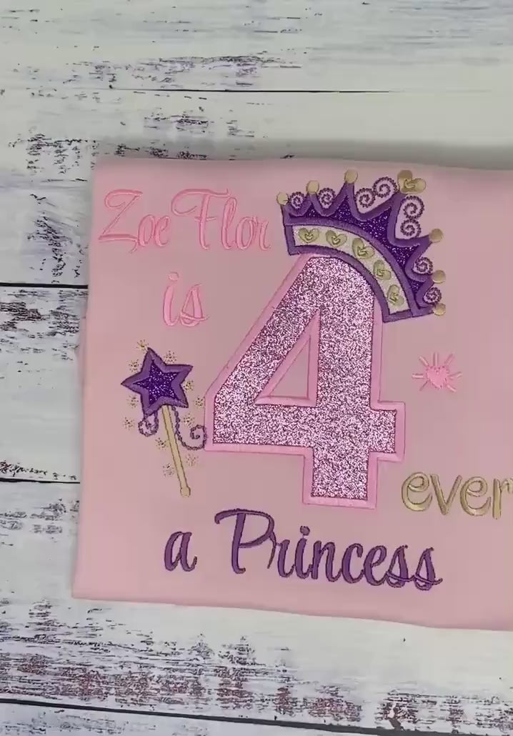 Girl 4th birthday shirt with princess Purple Gold Tiara Heart number, Royal Crown, Pink Number Applique, Magic Wand, 4-ever a Princesse