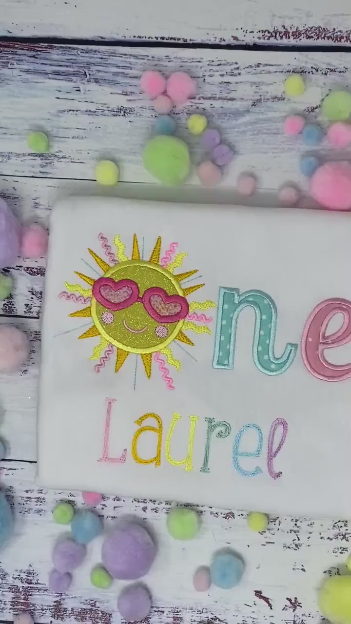 Girl Personalized 1st birthday Tee, First Birthday Sunshine Shirt, Shirt with Yellow Sun and name, Custom birthday Applique tee