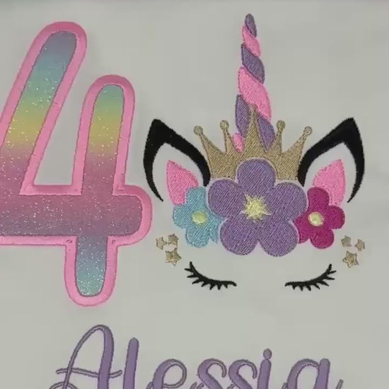 4th Birthday Unicorn Shirt, Girls Colorful Unicorn Birthday Tee, Rainbow Horn, Gold Crown Tiara Uni, Unicorn embroidery, Script Font