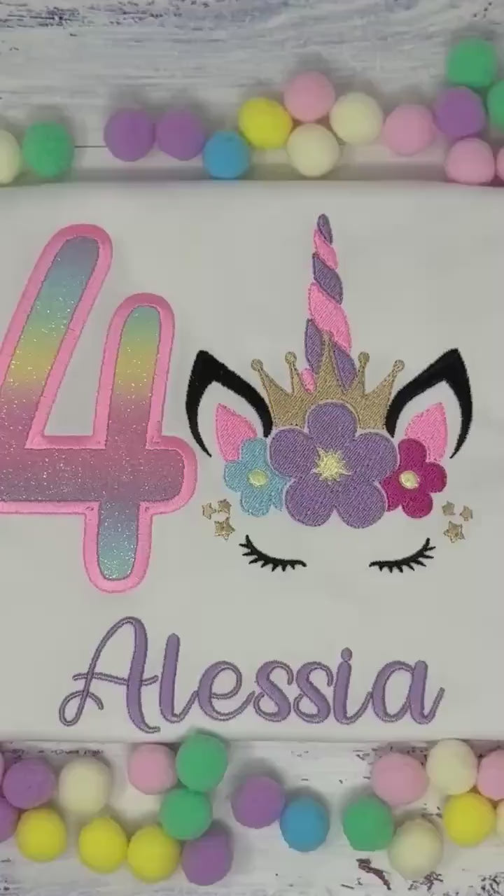 4th Birthday Unicorn Shirt, Girls Colorful Unicorn Birthday Tee, Rainbow Horn, Gold Crown Tiara Uni, Unicorn embroidery, Script Font