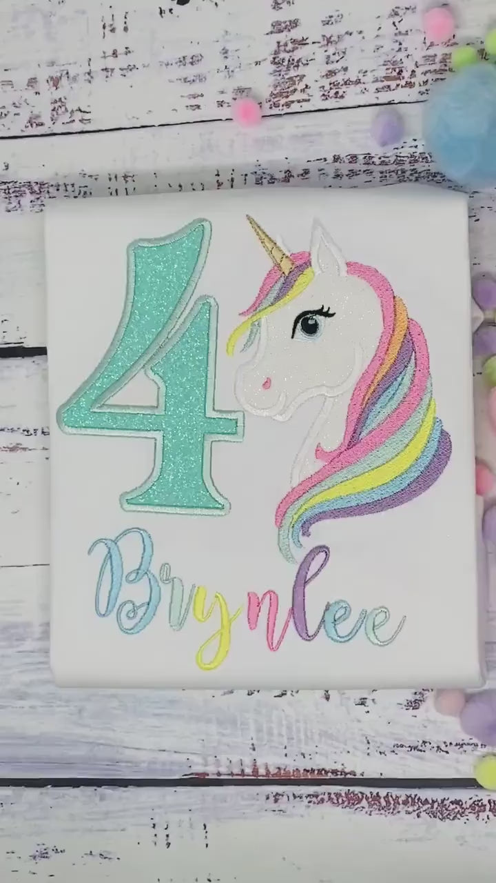 4th Birthday Pastel Unicorn Shirt, Girl Rainbow Pastel Unicorn Birthday Outfit, Rainbow Unicorn outfit, Unicorn embroidery, Any age