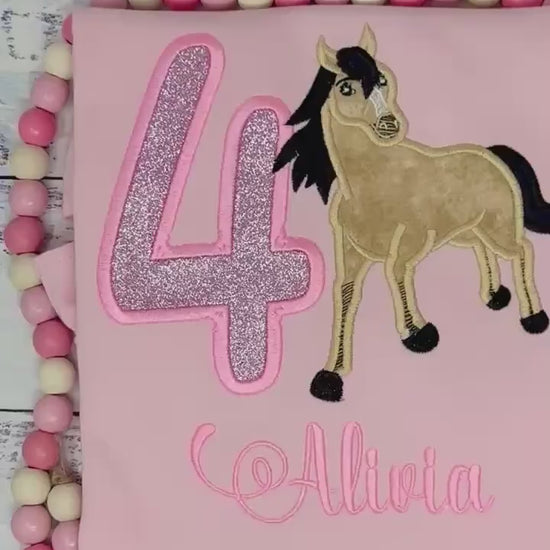Girl 4th Birthday Shirt With Running Horse, Birthday Tee with Black Mane Horse, 4th, 6th 7th Horse Embroidery T-Shirt, Bay Pony