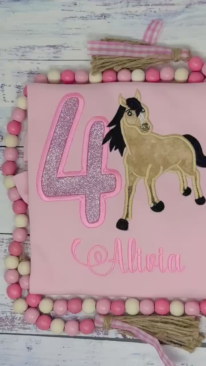 Girl 4th Birthday Shirt With Running Horse, Birthday Tee with Black Mane Horse, 4th, 6th 7th Horse Embroidery T-Shirt, Bay Pony