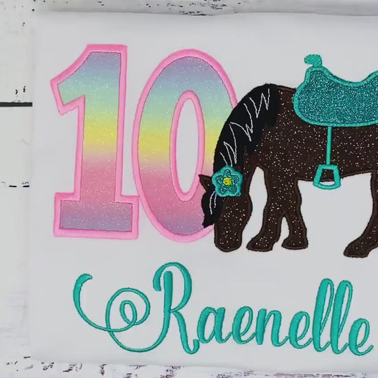 Girl 10th Birthday Shirt With Bay,  Brown Horse, Birthday Shirt with Horse and Saddle, 4th, 6th 7th Horse Birthday Shirt, Embroidered Horse