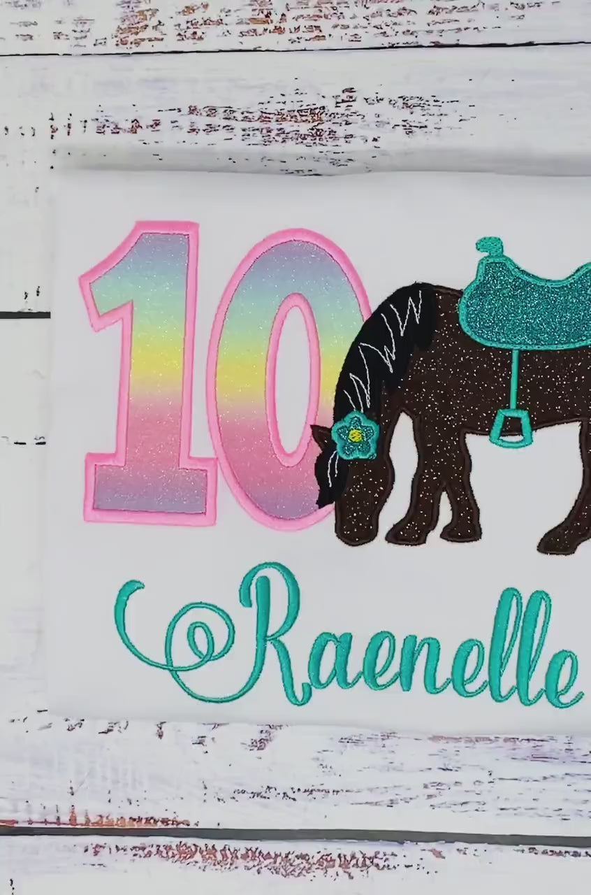 Girl 10th Birthday Shirt With Bay,  Brown Horse, Birthday Shirt with Horse and Saddle, 4th, 6th 7th Horse Birthday Shirt, Embroidered Horse