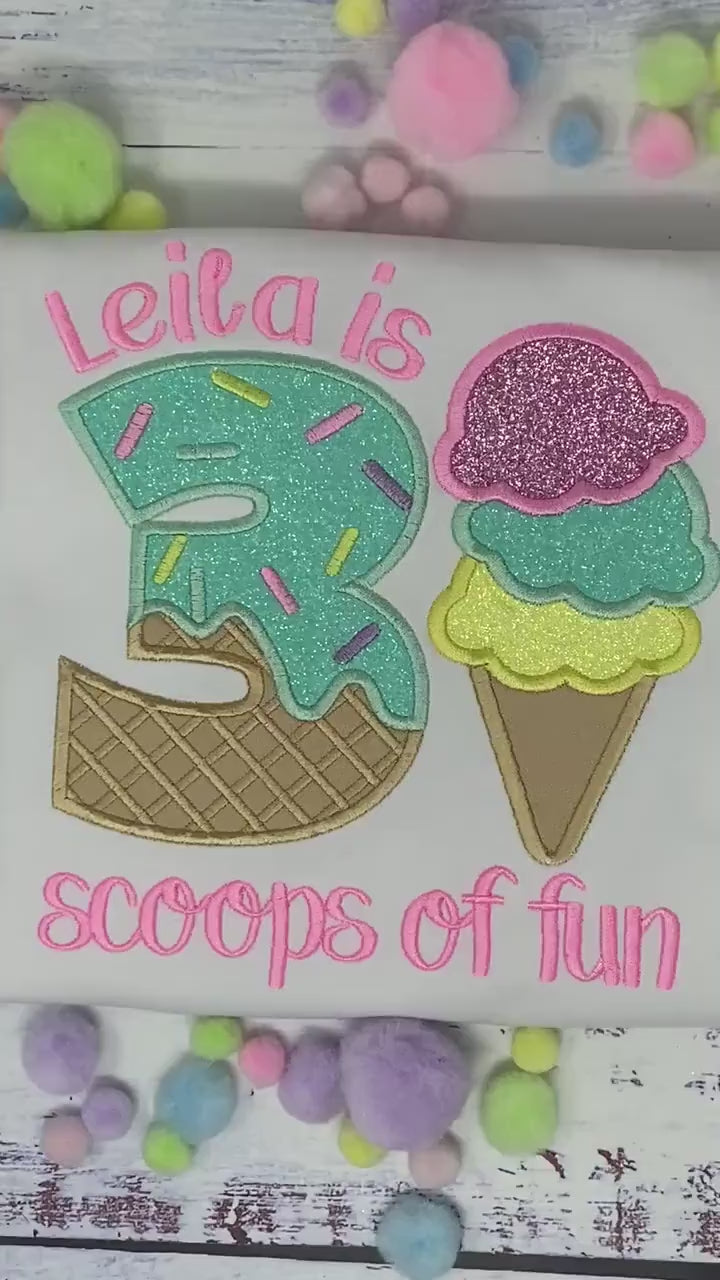 Girl Ice Cream 3 “Scoop of fun” birthday shirt, Sweet Ice Cream cone Theme Party, Pastel sweet birthday tee
