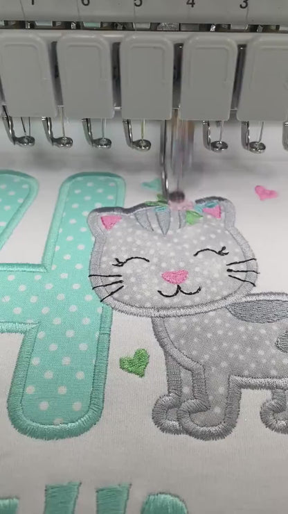 Girl Birthday Shirt with Kitten, Personalized Shirt with Cute Grey Cat, Tee with cat