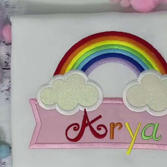 Girl Personalized Traditional Rainbow Tee, Casual Rainbow Shirt, Shirt with banner and name, Custom rainbow applique