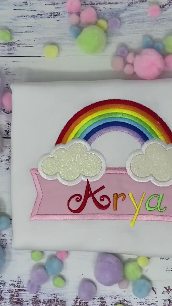 Girl Personalized Traditional Rainbow Tee, Casual Rainbow Shirt, Shirt with banner and name, Custom rainbow applique