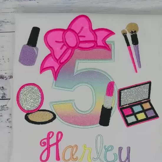Girl 5th Birthday Shirt with Make up, Salon, Bow Number Shirt, Number cosmetics, Lipstick Powder Brush,Bright Hot Pink and Neon Make up