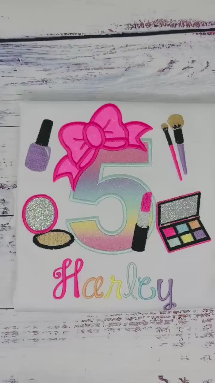 Girl 5th Birthday Shirt with Make up, Salon, Bow Number Shirt, Number cosmetics, Lipstick Powder Brush,Bright Hot Pink and Neon Make up