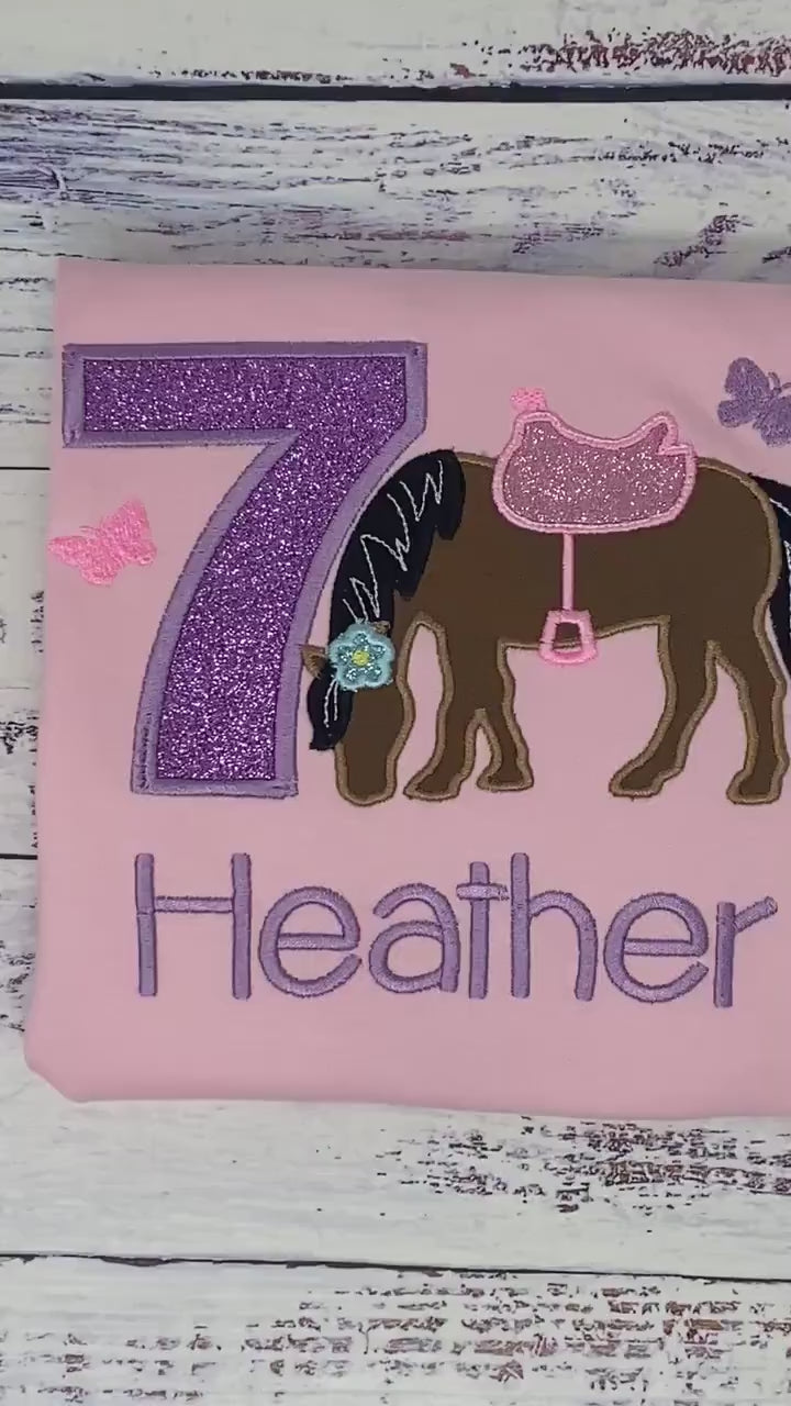 Girl 5th  Birthday Shirt With Brown Bay Horse, Birthday Shirt with Ponny and Saddle, Horse Embroidery Birthday Shirt