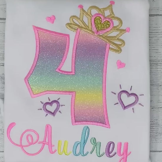 4th Birthday Shirt for Girl, Rainbow Princess Birthday Shirt, Birthday Number with Crown, Girls 4th Rainbow Number, Princess Tiara Party