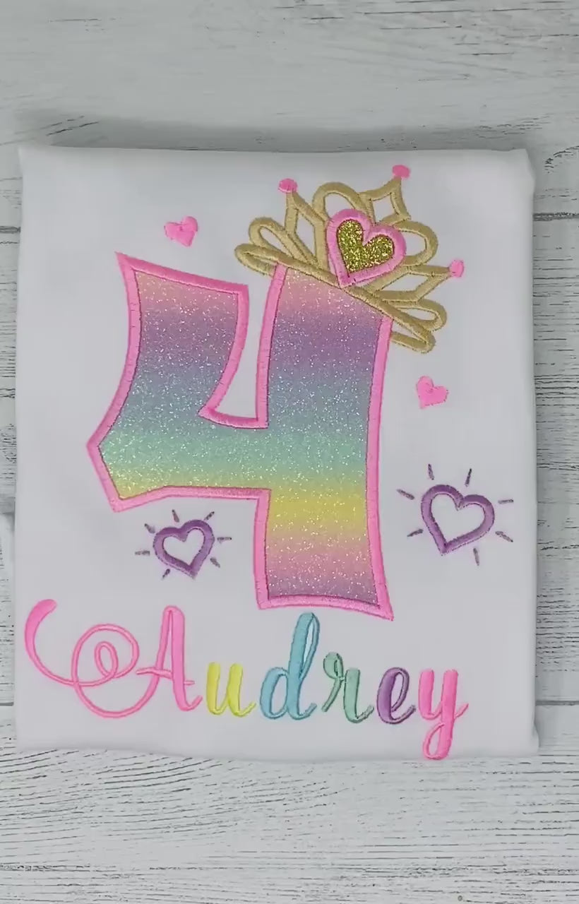4th Birthday Shirt for Girl, Rainbow Princess Birthday Shirt, Birthday Number with Crown, Girls 4th Rainbow Number, Princess Tiara Party