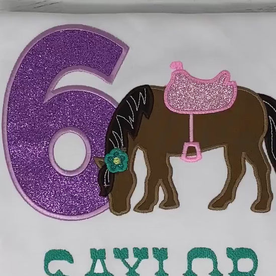 Girl 6th Birthday Shirt With Bay Horse, Birthday Shirt with Brown Pony and Saddle, 3rd, 4th, 5th, 7th Birthday Shirt with a Pony