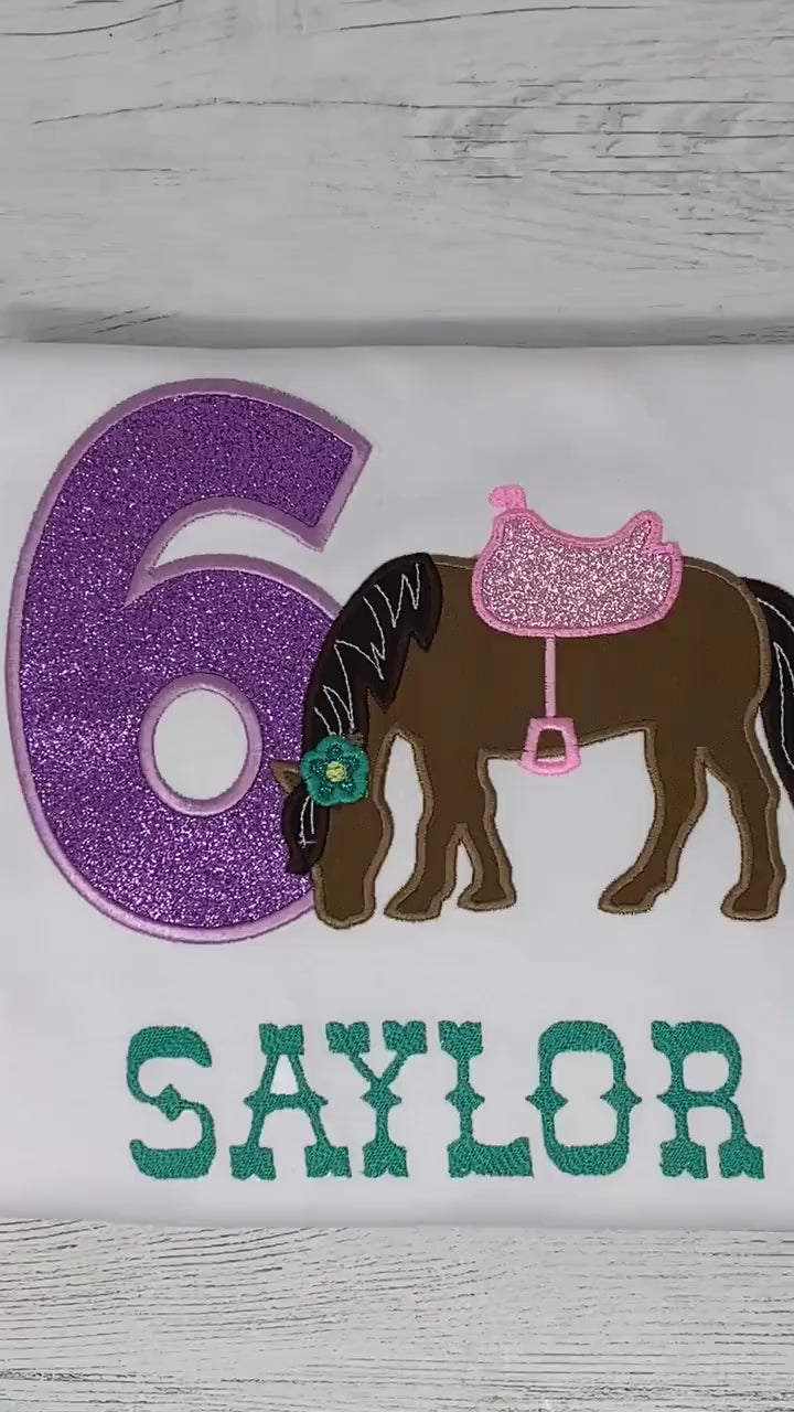 Girl 6th Birthday Shirt With Bay Horse, Birthday Shirt with Brown Pony and Saddle, 3rd, 4th, 5th, 7th Birthday Shirt with a Pony