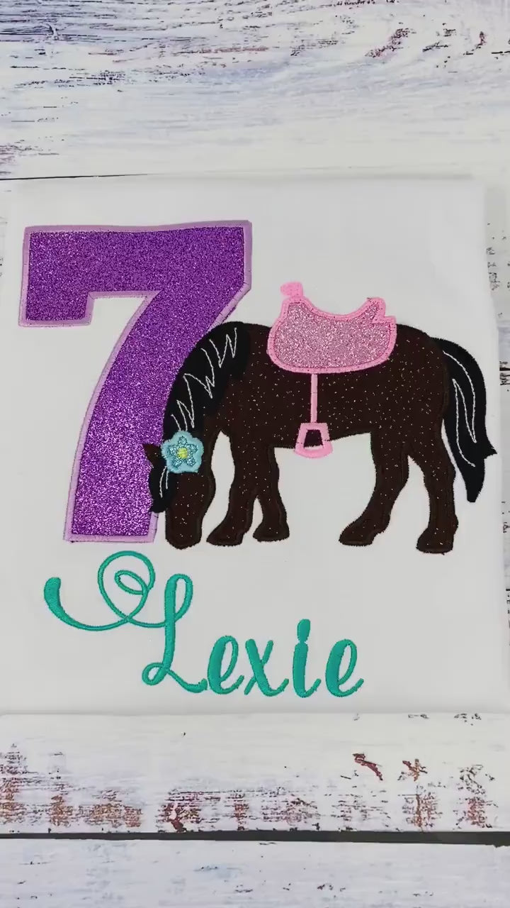 Girl 7th Birthday Shirt With Bay Horse, Birthday Shirt with Brown Horse and Saddle, 4th, 5th, 6th 8th Horse Birthday Shirt, Shirt with Pony