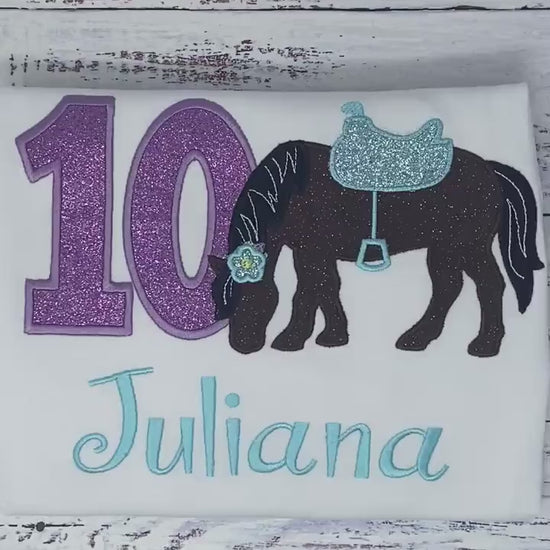 Girl 10th Birthday Shirt With Bay Brown Horse, Birthday Shirt with Horse and Saddle, 4th, 6th 7th Horse Birthday Shirt, Embroidered Horse