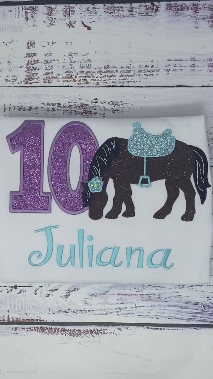 Girl 10th Birthday Shirt With Bay Brown Horse, Birthday Shirt with Horse and Saddle, 4th, 6th 7th Horse Birthday Shirt, Embroidered Horse