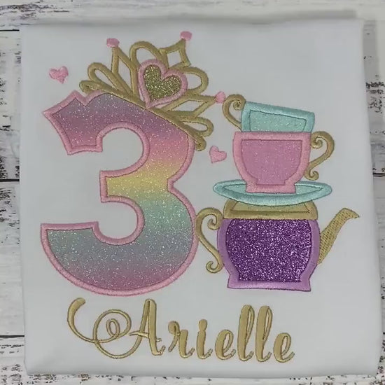Girl 3rd birthday shirt with teapot and tea cups, Tea party shirt, 2nd, 4th, 5th, 6th birthday outfit for tea party