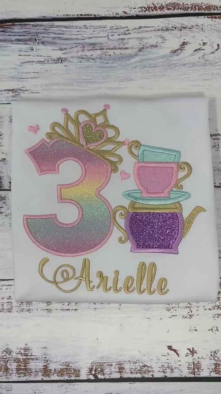 Girl 3rd birthday shirt with teapot and tea cups, Tea party shirt, 2nd, 4th, 5th, 6th birthday outfit for tea party