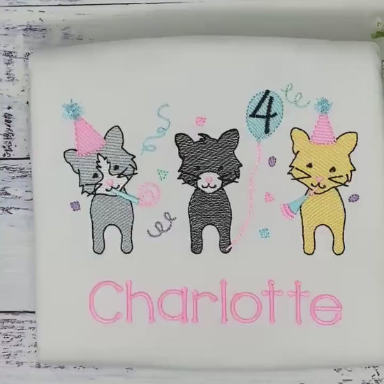 Girl 4th Birthday Kitten Theme Embroidery shirt, Cusyom Cat Shirt for a Toddler, Kittens Balloon Party Tee