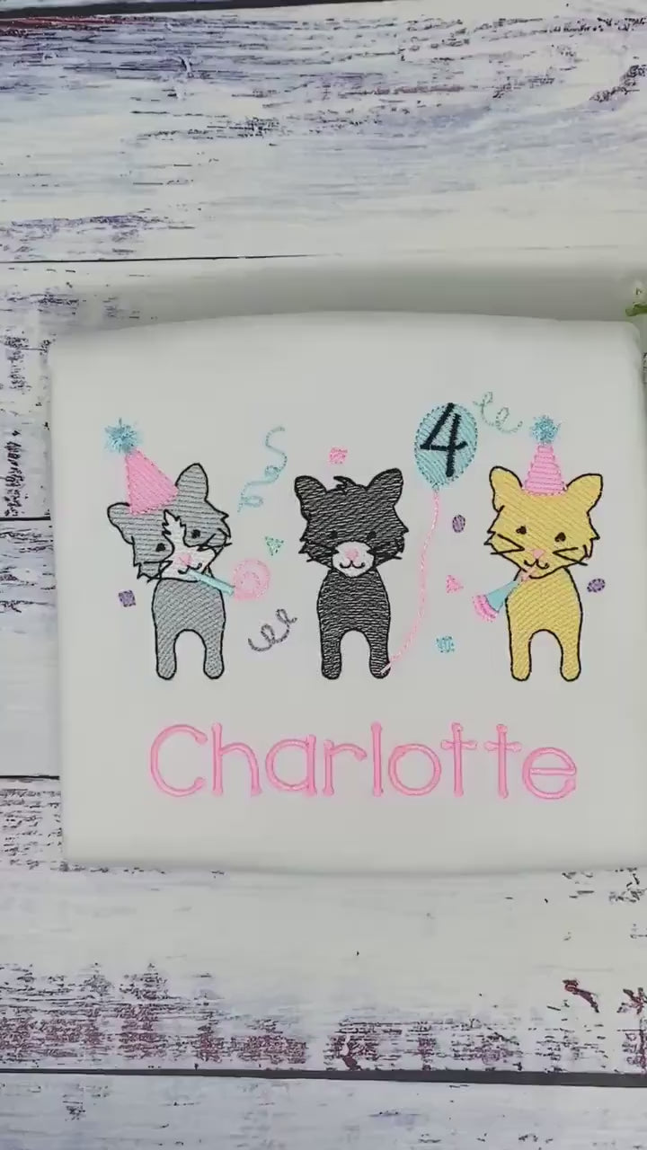 Girl 4th Birthday Kitten Theme Embroidery shirt, Cusyom Cat Shirt for a Toddler, Kittens Balloon Party Tee