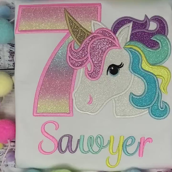 7th Birthday Unicorn Shirt, Girl Embroidery Pastel Rainbow Uni,  Birthday Outfit, Rainbow Unicorn outfit, Unicorn embroidery, Script Font