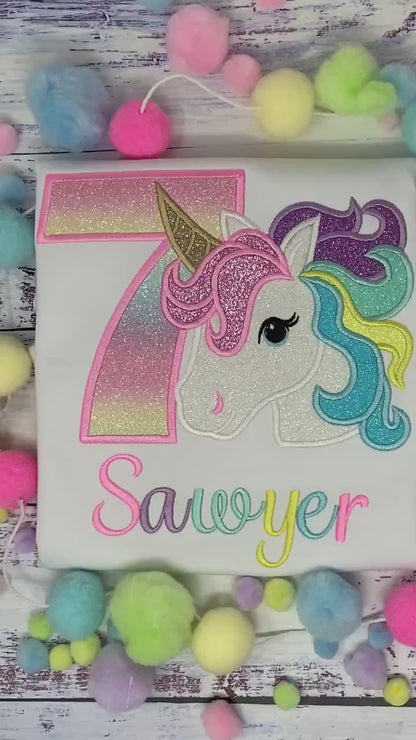 7th Birthday Unicorn Shirt, Girl Embroidery Pastel Rainbow Uni,  Birthday Outfit, Rainbow Unicorn outfit, Unicorn embroidery, Script Font
