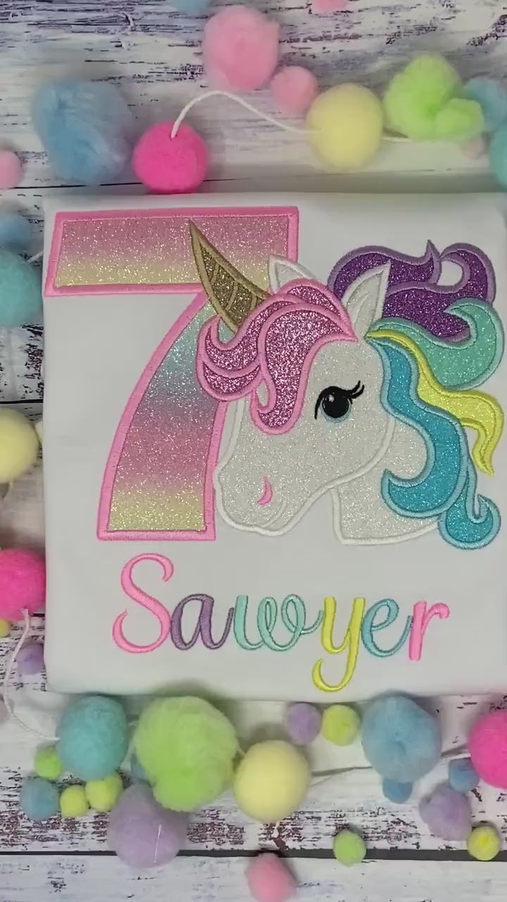 7th Birthday Unicorn Shirt, Girl Embroidery Pastel Rainbow Uni,  Birthday Outfit, Rainbow Unicorn outfit, Unicorn embroidery, Script Font
