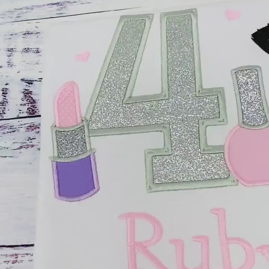 Girl 4th Shirt with Make up, Outfit, Nail Polish, Birthday Shirt, Silver Birthday Number,  Lipstick,  Brush, Make up Birthday Party, Any age