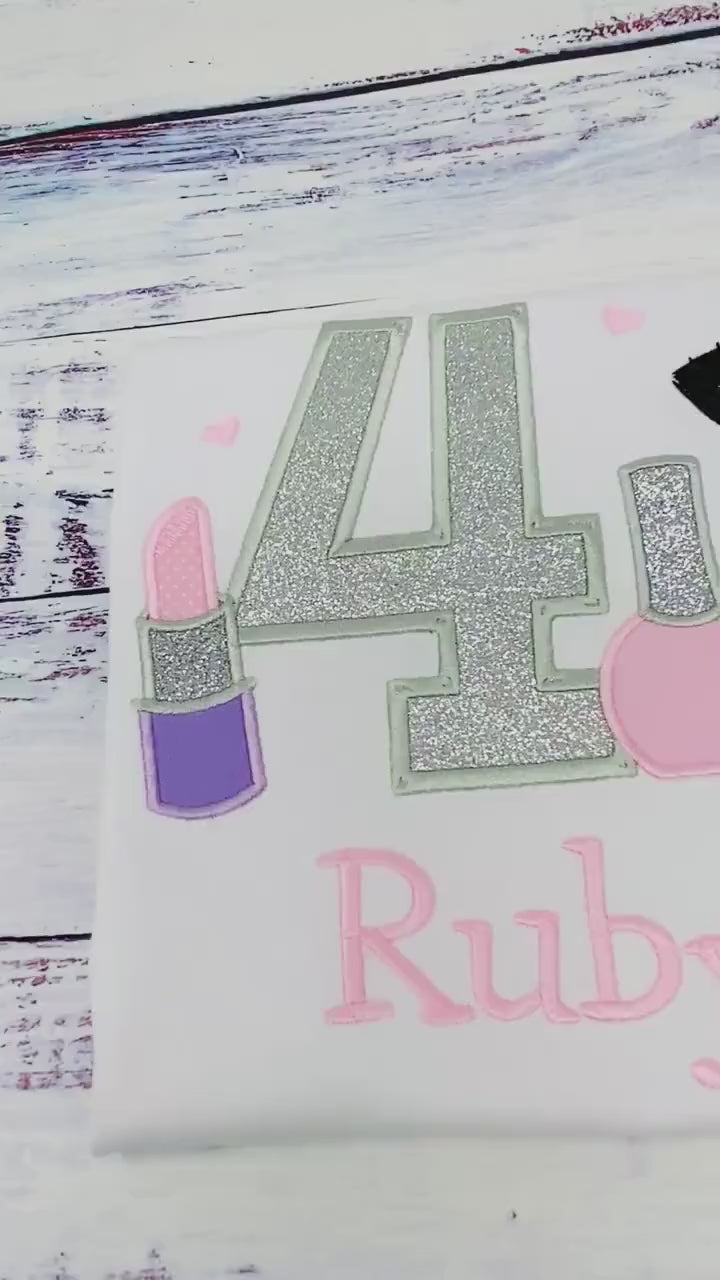 Girl 4th Shirt with Make up, Outfit, Nail Polish, Birthday Shirt, Silver Birthday Number,  Lipstick,  Brush, Make up Birthday Party, Any age