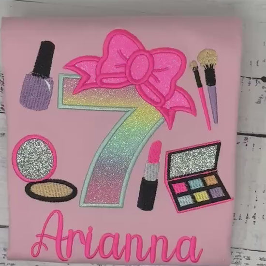 Girl 7th Birthday Shirt with Make up, Salon, Bow Number Shirt, Number cosmetics, Lipstick Powder Brush,Bright Hot Pink and Neon Make up