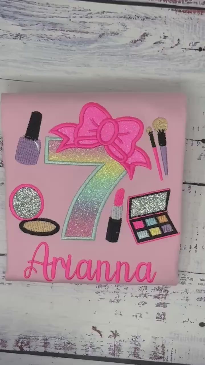 Girl 7th Birthday Shirt with Make up, Salon, Bow Number Shirt, Number cosmetics, Lipstick Powder Brush,Bright Hot Pink and Neon Make up