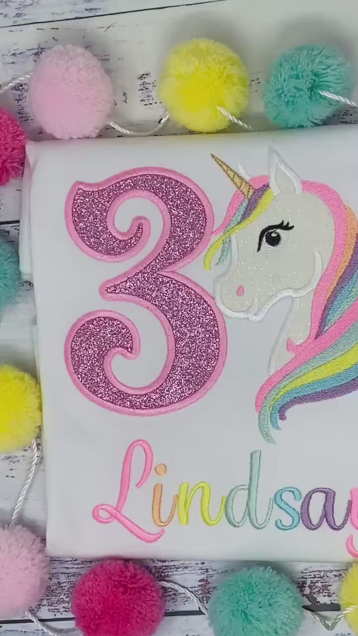 3rd Birthday Pastel Unicorn Shirt, Girl Rainbow Pastel Unicorn Birthday Outfit, Rainbow Unicorn outfit, Unicorn embroidery, Any age
