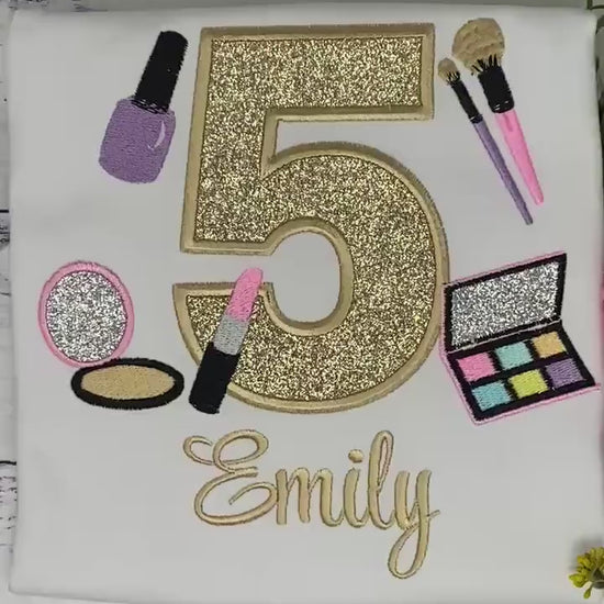 Girl 5th Birthday Shirt with Make up, Salon, Spa Birthday Shirt, Number cosmetics, Lipstick Powder Brush, Make up Birthday Party