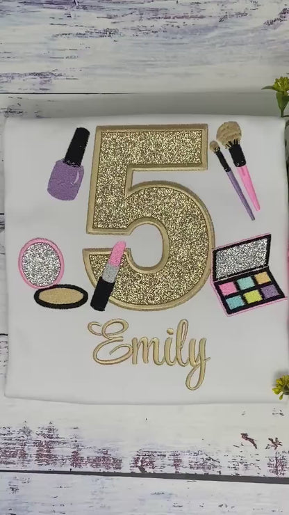 Girl 5th Birthday Shirt with Make up, Salon, Spa Birthday Shirt, Number cosmetics, Lipstick Powder Brush, Make up Birthday Party