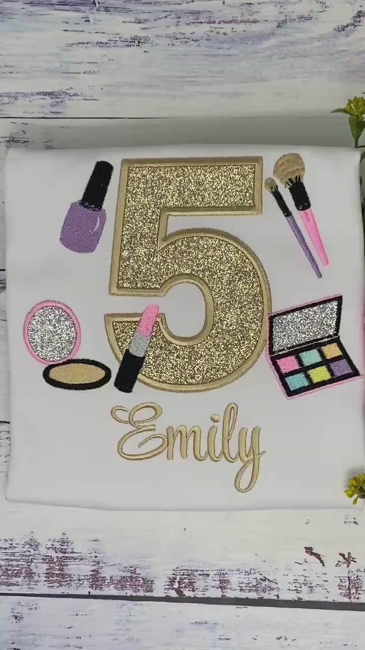 Girl 5th Birthday Shirt with Make up, Salon, Spa Birthday Shirt, Number cosmetics, Lipstick Powder Brush, Make up Birthday Party