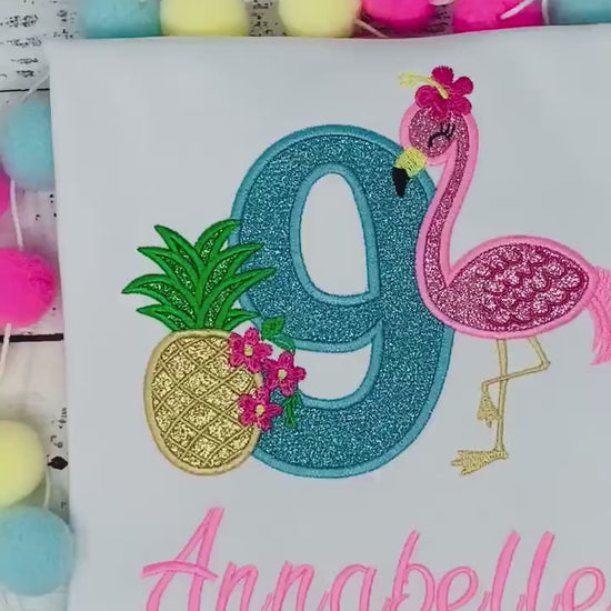 Girl 9th Birthday Tropical Theme Shirt, Girl Shirt With Flamingo and Pineapple, Age 1-9, Tropical Birthday Shirt