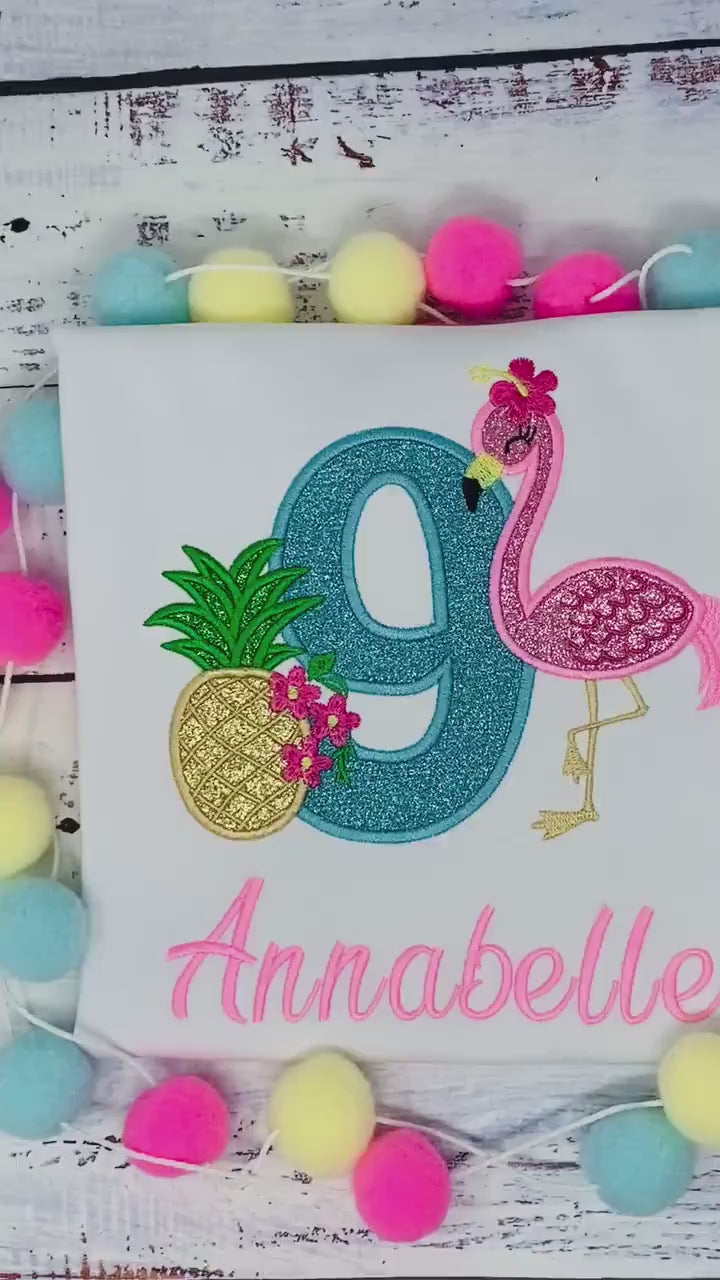 Girl 9th Birthday Tropical Theme Shirt, Girl Shirt With Flamingo and Pineapple, Age 1-9, Tropical Birthday Shirt