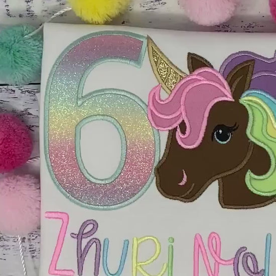 6th Birthday Brown Pastel Unicorn Shirt, Girl Rainbow Pastel Unicorn Birthday, Gold Horn Unicorn , Rainbow Unicorn, Brown uni  embroidery