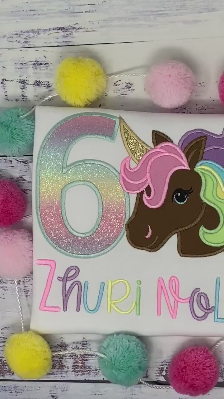6th Birthday Brown Pastel Unicorn Shirt, Girl Rainbow Pastel Unicorn Birthday, Gold Horn Unicorn , Rainbow Unicorn, Brown uni  embroidery