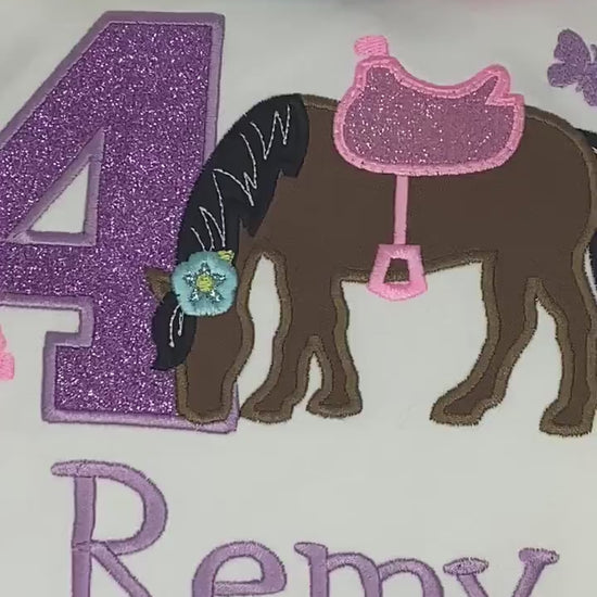 Girl 4th Birthday Shirt With Brown Bay Horse, Butterflies Birthday Shirt with Ponny and Saddle, Horse Embroidery Birthday Shirt
