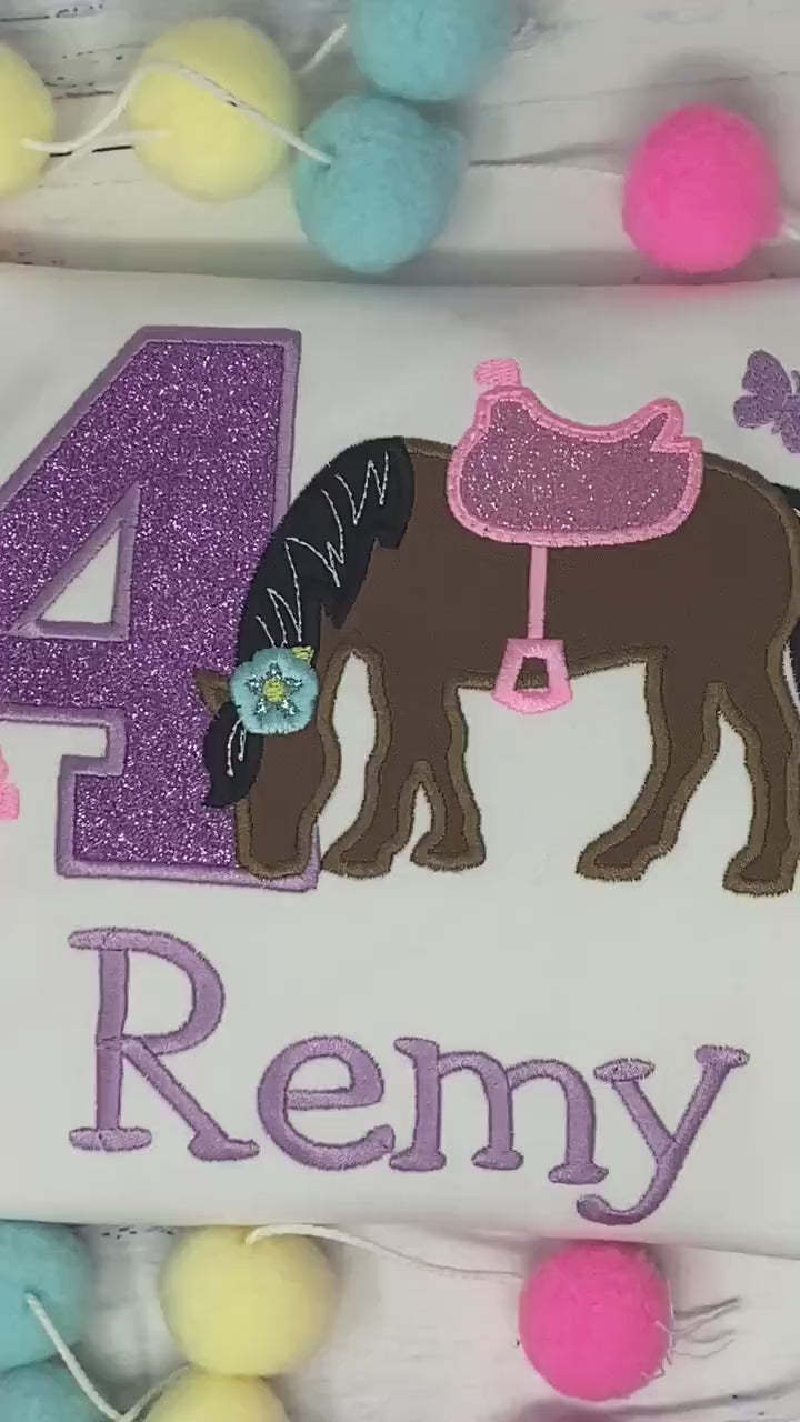 Girl 4th Birthday Shirt With Brown Bay Horse, Butterflies Birthday Shirt with Ponny and Saddle, Horse Embroidery Birthday Shirt