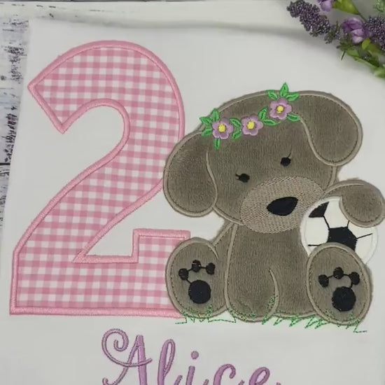 Girl 2nd Birthday Shirt, Embroidered Puppy with Soccer Ball,  Birthday Shirt With Girl Dog, Dog Birthday Shirt, Fluffy Puppy Embroidery